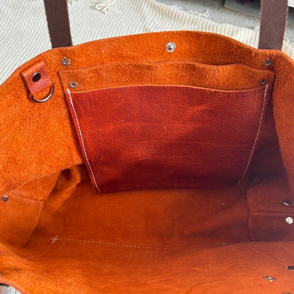 Custome Leather Tote by Home State Made - Sturdy Orange Leather with Brown Strap - Picture 5 of 7